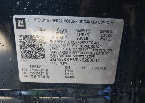 2019 Chevrolet Equinox Lt z USA, uszkodzony, nr VIN 2GNAXKEV0K6280844